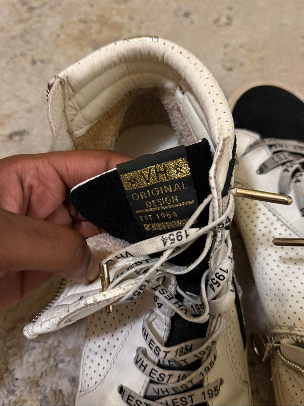 VH Originals White Leather High-Top Sneakers with Gold Accent